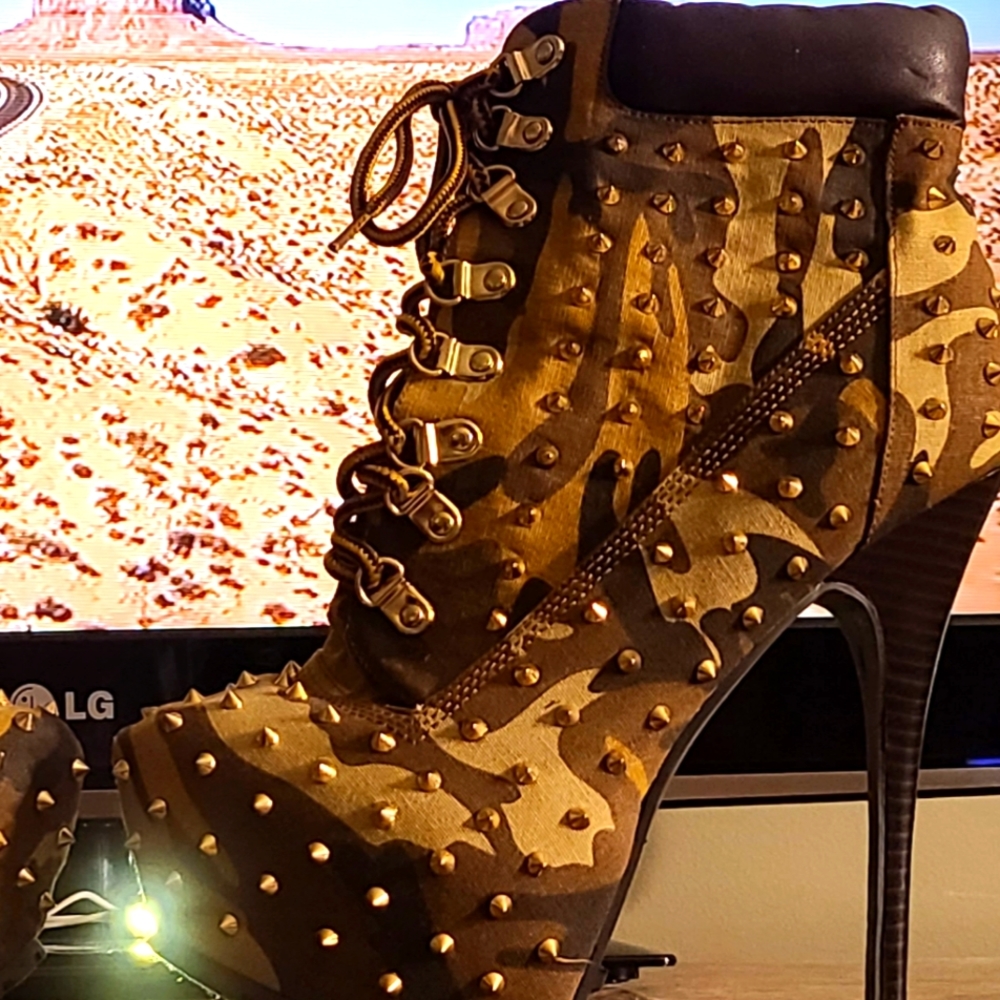 Women's Platform Lace Up Stiletto Heel Ankle Booties with gold studded decor.